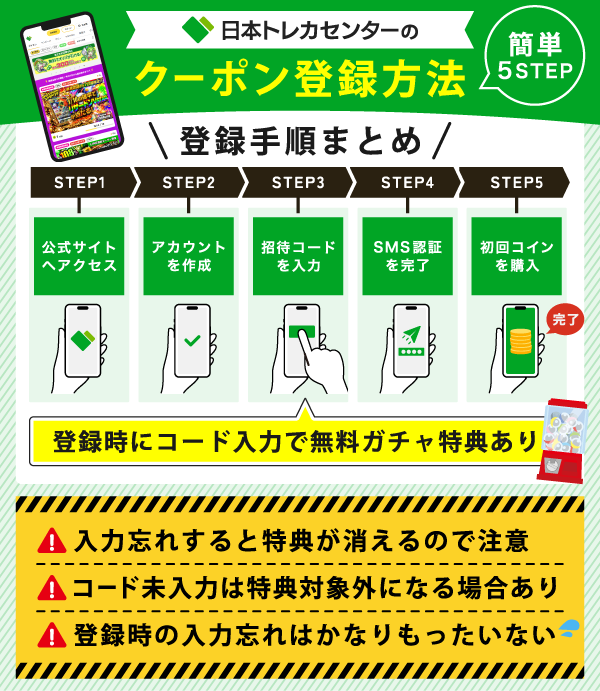 日本トレカセンターでクーポンコード・招待コードを使用して登録する方法は?簡単な5つの手順を紹介